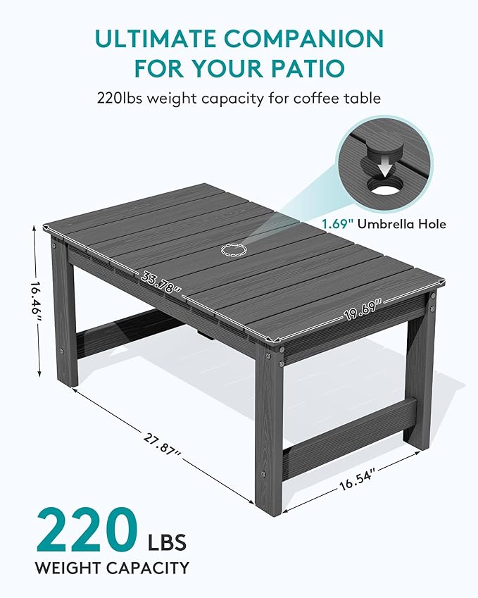 SERWALL Outdoor Patio Adirondack Set, 2 Folding Adirondack Bench & 1 Coffee Table with Umbrella Hole - Photo 4