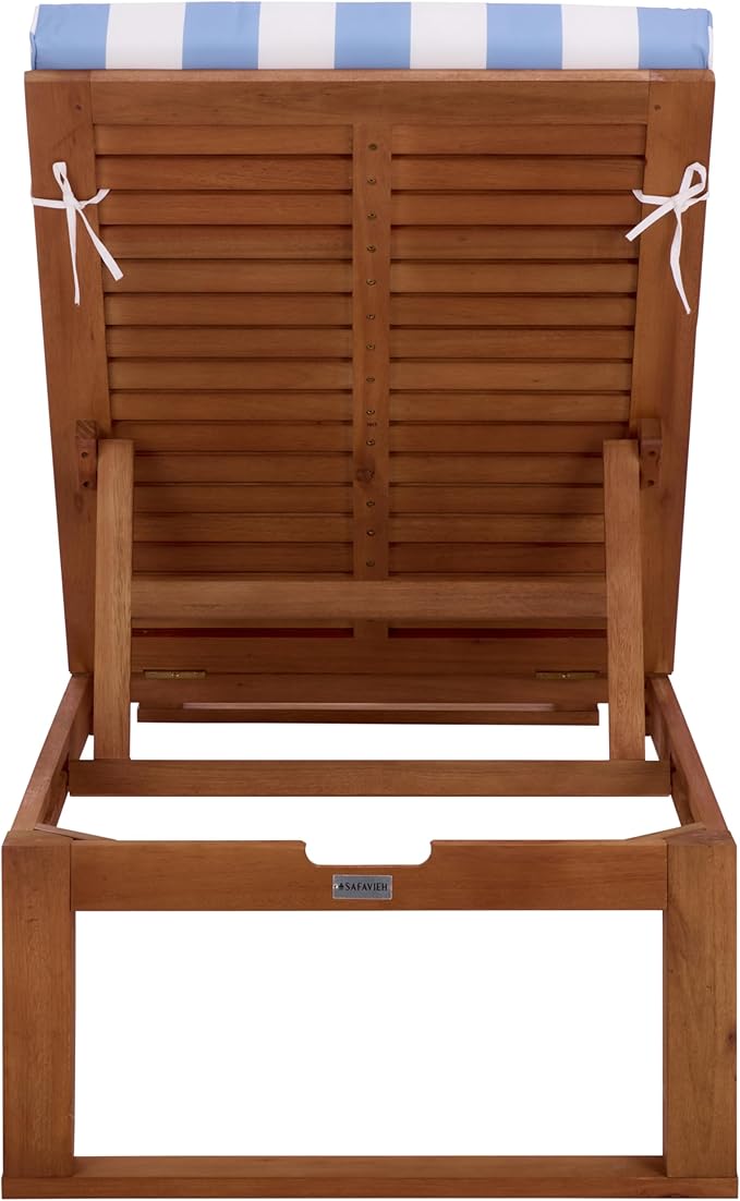 SAFAVIEH Outdoor Patio Furniture Collection - Sophie Natural Brown Solid Wood Chaise Lounge Chair, Adjustable Reclining, Baby Blue Stripe Cushion (PAT7101U)