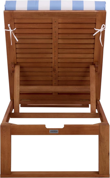 SAFAVIEH Outdoor Patio Furniture Collection - Sophie Natural Brown Solid Wood Chaise Lounge Chair, Adjustable Reclining, Baby Blue Stripe Cushion (PAT7101U)