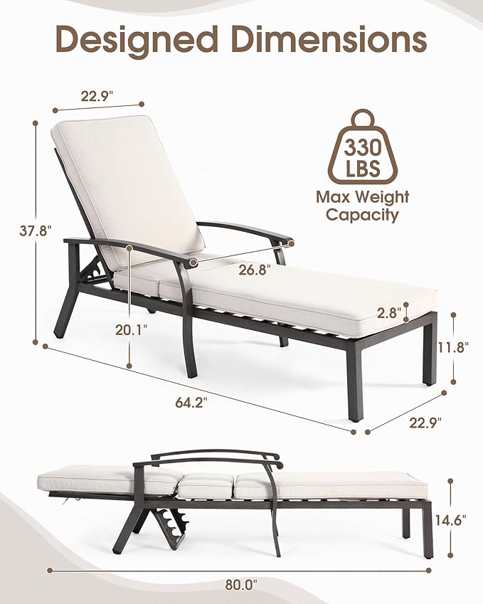 HOMEFUN Outdoor Chaise Lounge Chair, Hand-Brushed Wood Grain Cast Aluminum Reclining Lounger with Cushion - Photo 2