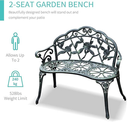 Antique-Style Metal Garden Bench with Back and Armrests