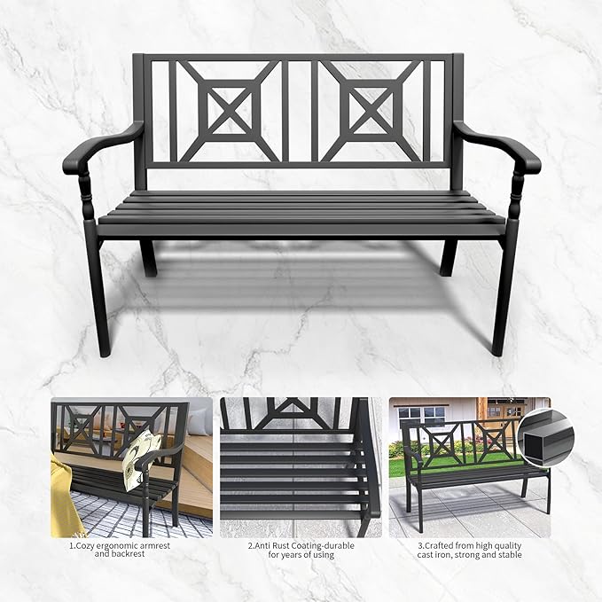 YLGJ&TIDY 50 Inches Patio Bench Outdoor Metal Bench with Pattern Backrest Armrest Rust-Resistant Outdoor Porch Benches for Garden Park Lawn Yard Front Porch, Pack of 2 (BENCH05 2PK)