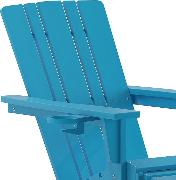 Taylor & Logan Hedley Adirondack Chair with Cup Holder and Pull Out Ottoman, All-Weather HDPE Indoor/Outdoor Lounge Chair in Blue, Set of 2