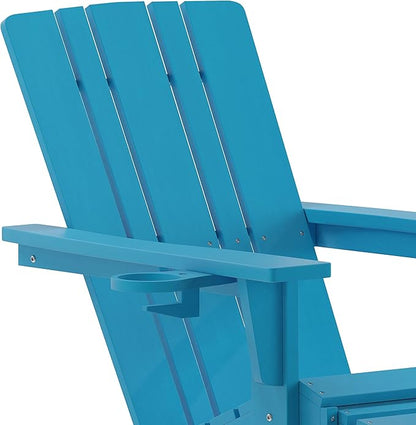 Taylor & Logan Hedley Adirondack Chair with Cup Holder and Pull Out Ottoman, All-Weather HDPE Indoor/Outdoor Lounge Chair in Blue, Set of 2