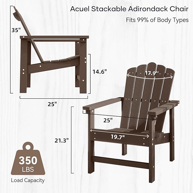Stackable Adirondack Chairs Set of 2, Weather-Resistant Outdoor Patio Seating, Low Maintenance Poly Lumber Chairs for Porch, Deck, Garden, Fire Pit (Brown)