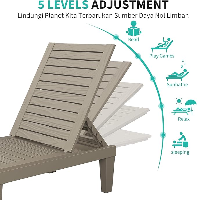Outdoor Chaise Lounge Chairs Set of 2, 5-Position Adjustable Tanning Lounge Chairs with Wood Texture, All-Weather Resin Patio Lounge Chair for Pool, Garden, Deck, Beach, Striped Grey