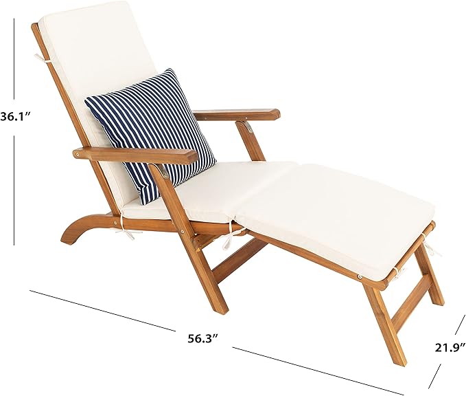 SAFAVIEH Outdoor Collection Palmdale Natural Brown Solid Wood/Beige Cushion with Striped Pillow Chaise Lounge Chair (PAT7015E)