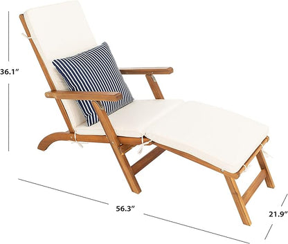 SAFAVIEH Outdoor Collection Palmdale Natural Brown Solid Wood/Beige Cushion with Striped Pillow Chaise Lounge Chair (PAT7015E)