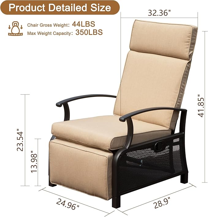 Domi Adjustable Patio Recliner Chair Metal Outdoor Lounge Chair with Flip Table Push Back, Adjustable Angle, Removable Cushions, Support 350lbs, Beige