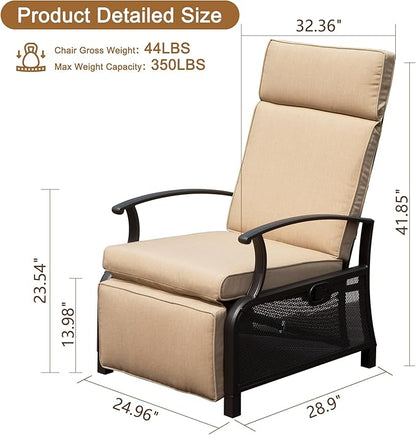 Domi Adjustable Patio Recliner Chair Metal Outdoor Lounge Chair with Flip Table Push Back, Adjustable Angle, Removable Cushions, Support 350lbs, Beige