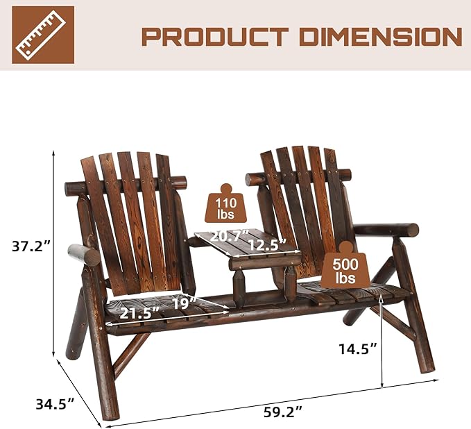 HOMEDIARY 2-Seat Wooden Adirondack Chair, Outdoor Log Patio Loveseat with Built-in Table, Patio Bench Fire Pit Chair Porch Furniture Conversation Set for Deck Lawn Pool Backyard, Carbonized