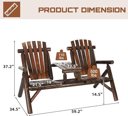 HOMEDIARY 2-Seat Wooden Adirondack Chair, Outdoor Log Patio Loveseat with Built-in Table, Patio Bench Fire Pit Chair Porch Furniture Conversation Set for Deck Lawn Pool Backyard, Carbonized