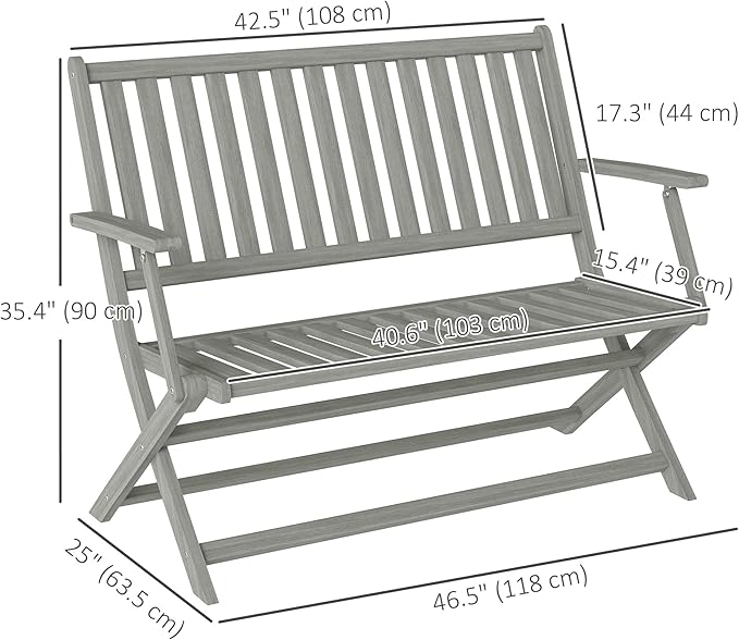 Outsunny Wood Outdoor Bench, 2-Person Foldable Patio Acacia Wood Garden Bench with Backrest and Armrests for Garden, Porch, Park, Balcony, Gray