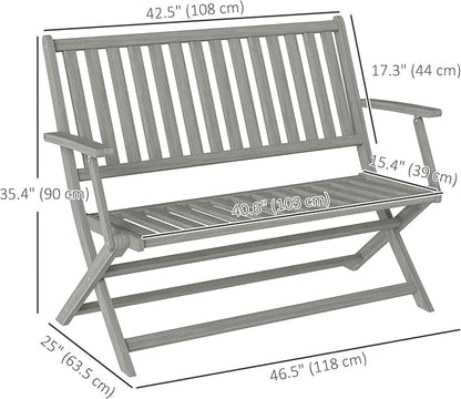 Outsunny Wood Outdoor Bench, 2-Person Foldable Patio Acacia Wood Garden Bench with Backrest and Armrests for Garden, Porch, Park, Balcony, Gray
