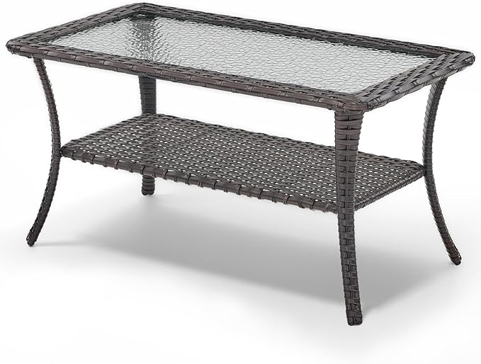Outdoor Coffee Table - Patio Rattan Wicker Coffee Table with Tempered Glass Top and 2-Tier Storage Outdoor Table for Deck Porch Balcony Garden - Brown
