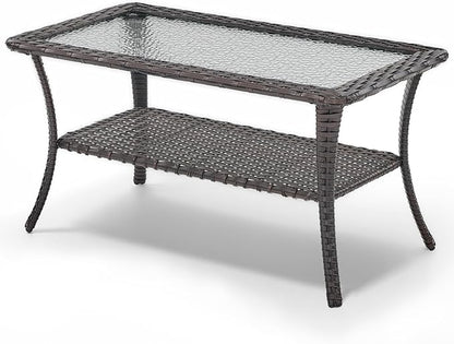 Outdoor Coffee Table - Patio Rattan Wicker Coffee Table with Tempered Glass Top and 2-Tier Storage Outdoor Table for Deck Porch Balcony Garden - Brown