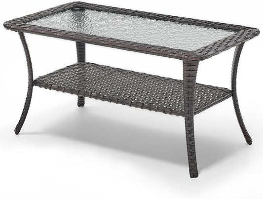 Outdoor Coffee Table - Patio Rattan Wicker Coffee Table with Tempered Glass Top and 2-Tier Storage Outdoor Table for Deck Porch Balcony Garden - Brown