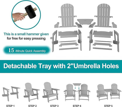 JY QAQA Outdoor Adirondack Chair Set of 2, All-Weather HDPE Patio Furniture with Detachable Table, Wood Texture & Cup Holder for Patio, Poolside, Garden, Light Grey