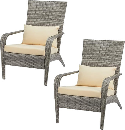 AECOJOY 2 Pieces Outdoor Wicker Patio Chairs, Outdoor Dining Adirondack Rattan Chair with Cushion and Pillow, All Weather High Back Rattan Wicker Patio Dining Chairs for Garden,Backyard,Porch,Grey