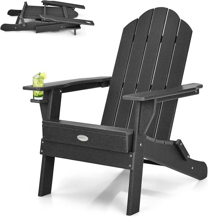 Tangkula Outdoor Folding Adirondack Chair, HDPE Armchairs with Cup Holder, Weather Resistant Lounger Chair for Patio Garden Fire Pit Backyard, Lawn Porch Seating, Adirondack Lounger (1, Black)