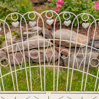 Zaer Ltd. Vintage Style Metal Patio Furniture with Heart Design Accents, Outdoor/Indoor Decor (Distressed White, Garden Bench)