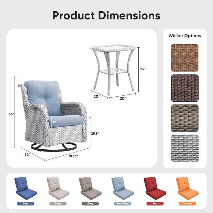 Belord Patio Wicker Chairs Swivel Rocker, Outdoor Patio Furniture Set with Rattan Side Table - Photo 2