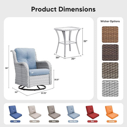 Belord Patio Wicker Chairs Swivel Rocker,Outdoor Patio Furniture Set with Rattan Side Table, All Weather Conversation Set for Porch Poolside Balcony, Light Gray Wicker/Baby Blue