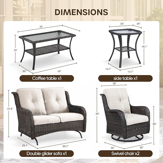 Patio Loveseat Glider Set, Resin Wicker Loveseat Glider with 4 Swivel Patio Chiars Coffee Table 2 Side Table, 8 Piece Patio Conversation Loveseat Set, Brown Wicker|Beige Cushions