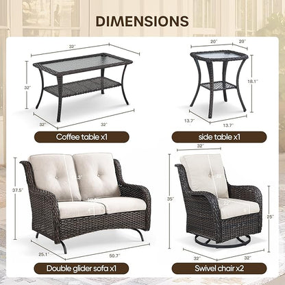 Patio Loveseat Glider Set, Resin Wicker Loveseat Glider with 2 Swivel Patio Chiars Coffee Table and Side Table, 5 Piece Patio Furniture Loveseat Set, Brown Wicker|Beige Cushions