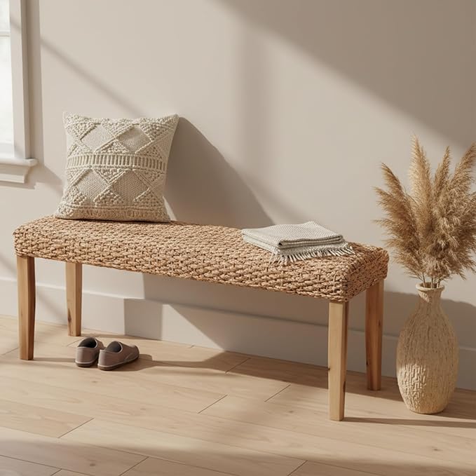 Indoor Bench Wicker for Entryway Bench, Wood Bench for Living Room Dining Bench or End of Bed Bench - Photo 1