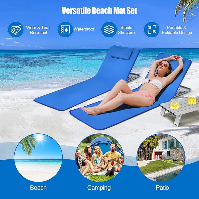 COSTWAY 3-Piece Beach Lounge Chairs, Outdoor Lounger with Side Table, 5 Reclining Positions, Lightweight & Portable Tanning Chairs for Sunbathing, Camping (Navy)