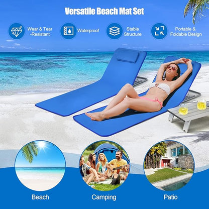COSTWAY 3-Piece Beach Lounge Chairs, Outdoor Lounger with Side Table, 5 Reclining Positions, Lightweight & Portable Tanning Chairs for Sunbathing, Camping (Navy)