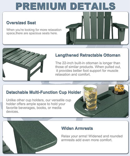 Adjustable Adirondack Chair with Retractable Ottoman Set of 4, HDPE Folding Adirondack Chair with Cup Holder, All Weather Fire Pit Chair for Outdoor, Dark Green