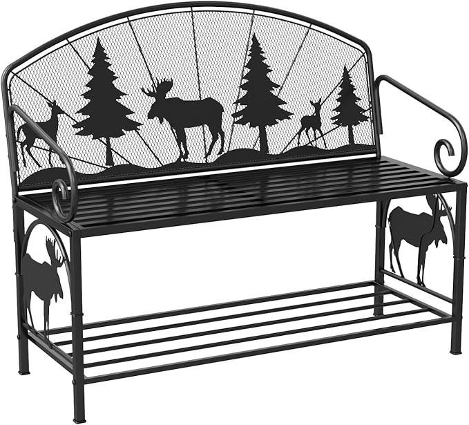 HavenlyYouth Outdoor Bench, Garden Bench with Backrest and Armrests, Patio Bench with Forest Series Pattern, Anti- Rust Thickened Metal Bench Outdoor for Garden, Yard, Patio, Porch, Lawn and Park