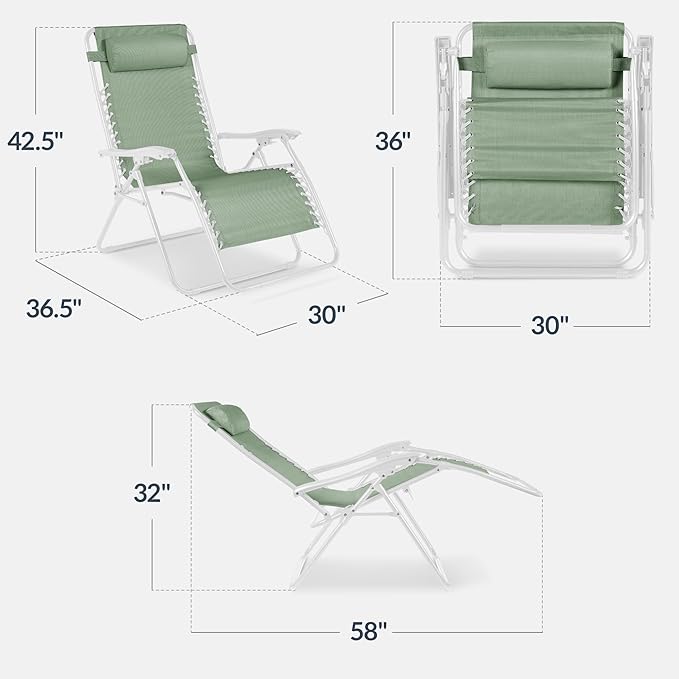 Best Choice Products Set of 2 Extra Wide Adjustable Steel Mesh Zero Gravity Lounge Chair Recliners w/Pillows and Cup Holder Trays - Sage Green/White
