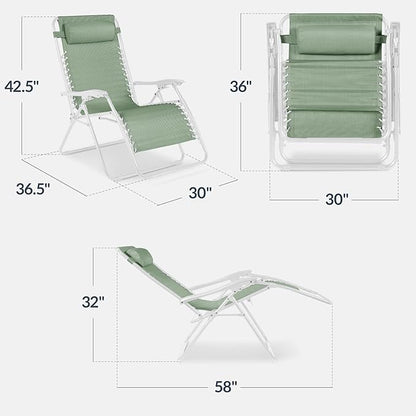 Best Choice Products Set of 2 Extra Wide Adjustable Steel Mesh Zero Gravity Lounge Chair Recliners w/Pillows and Cup Holder Trays - Sage Green/White