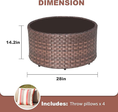 SUNSITT Round Outdoor Coffee Table with Tempered Glass Top, 28in Rattan PE Resin Wicker Patio Side Table, Brown