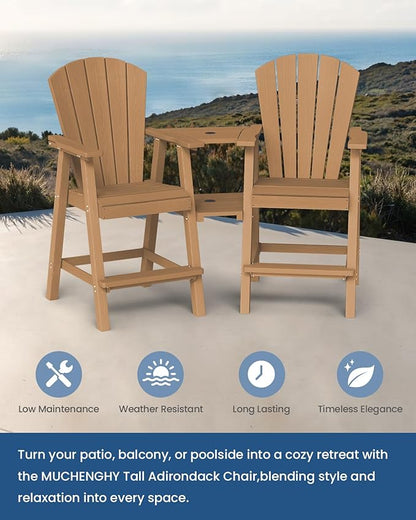 Ciokea Tall Adirondack Chairs Set of 4, HDPE Outdoor Adirondack Bar Stools with Double Connecting Tray, Weather Resistant High Back Adirondack Balcony Chairs for Deck, Lawn, Pool, Backyard, Teak