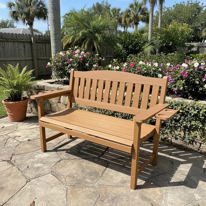 2-Person HIPS Outdoor Bench, Weatherproof Garden Bench with 800 lbs Weight Capacity, Artificial Wood Grains, Never Rot or Fade, Patio Benches for Garden, Porch, Balcony, Backyard, Brown