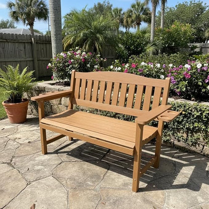 2-Person HIPS Outdoor Bench, Weatherproof Garden Bench with 800 lbs Weight Capacity, Artificial Wood Grains, Never Rot or Fade, Patio Benches for Garden, Porch, Balcony, Backyard, Brown
