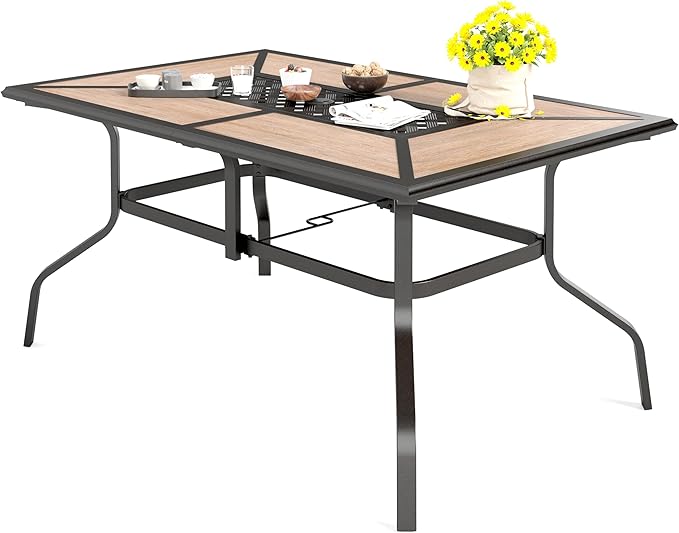 HERA'S HOUSE Patio Dining Table with Umbrella Hole for 6, Rectangle Outdoor Metal Table for Lawn Garden Backyard - Photo 1