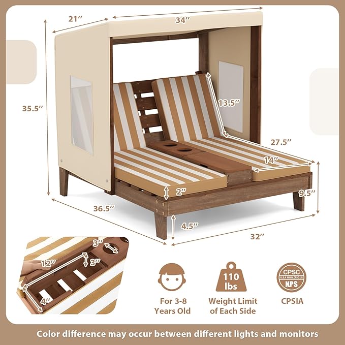 Costzon Kids Lounge Chair Outdoor, Wood Double Seat Chaise Lounge with Canopy, Cup Holders, Cushion, Backrest Recliner, Kids Patio Furniture, Gift for Boys Girls 3-8 Years Old