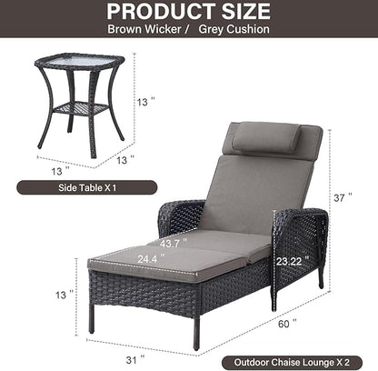 Belord 3 Piece Outdoor Chaise Lounge Patio Recliner - 75 Inch Adjustable Wicker Chaise Lounge with Soft Pillow Removable Cushions, All Weather Rattan Pool Lounge Chair Set 2 Poolside Brown/Grey