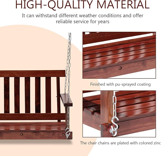 PayLessHere 4FT Wooden Porch Swing Heavy Duty Outdoor Swing Bench for Adults, 800lb Weight Capacity with Hanging Chains & Fixing Screws for Patio, Garden, Backyard, Balcony Furniture(Brown)