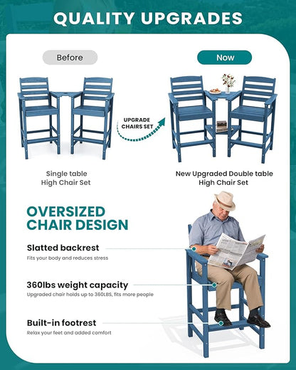 SERWALL Tall Adirondack Chairs Set of 2 with Connecting Table, Blue