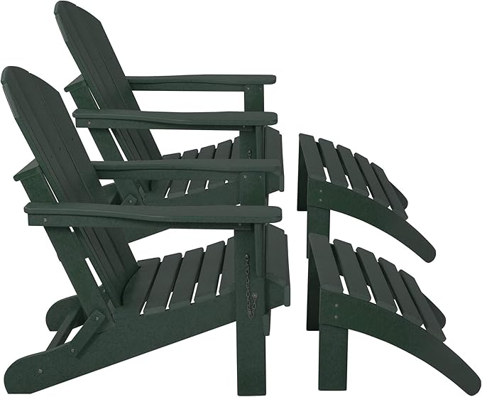 WestinTrends Malibu Outdoor Lounge Chair Set, 4-Pieces Adirondack Chair Set of 2 with Ottoman, All Weather Poly Lumber Patio Lawn Folding Chair for Outside Pool Beach, Dark Green