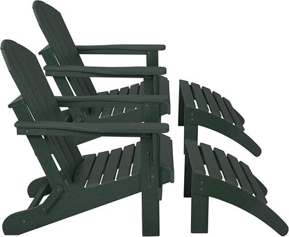 WestinTrends Malibu Outdoor Lounge Chair Set, 4-Pieces Adirondack Chair Set of 2 with Ottoman, All Weather Poly Lumber Patio Lawn Folding Chair for Outside Pool Beach, Dark Green