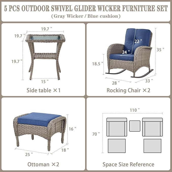 Belord 5 Piece Patio Rocking Chairs Furniture Set - Outdoor Wicker Furniture with Ottomans and Side Table - Photo 6