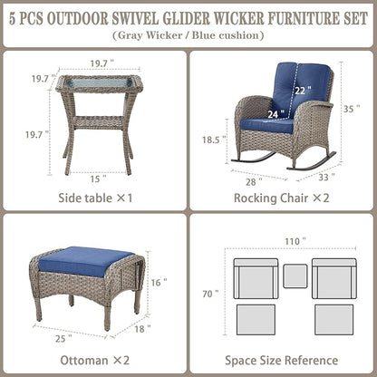 Belord 5 Piece Patio Rocking Chairs Furniture Set - Outdoor Wicker Furniture with Ottomans and Side Table, Rattan Conversation Bistro Set for Porch Deck Balcony