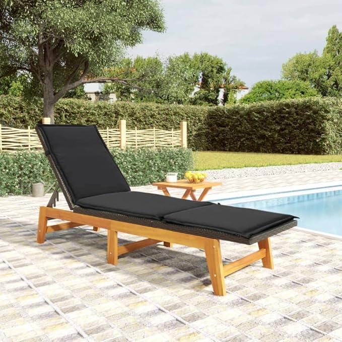 Sun Lounger Black and Brown PE Rattan, Solid Acacia Wood - Photo 1